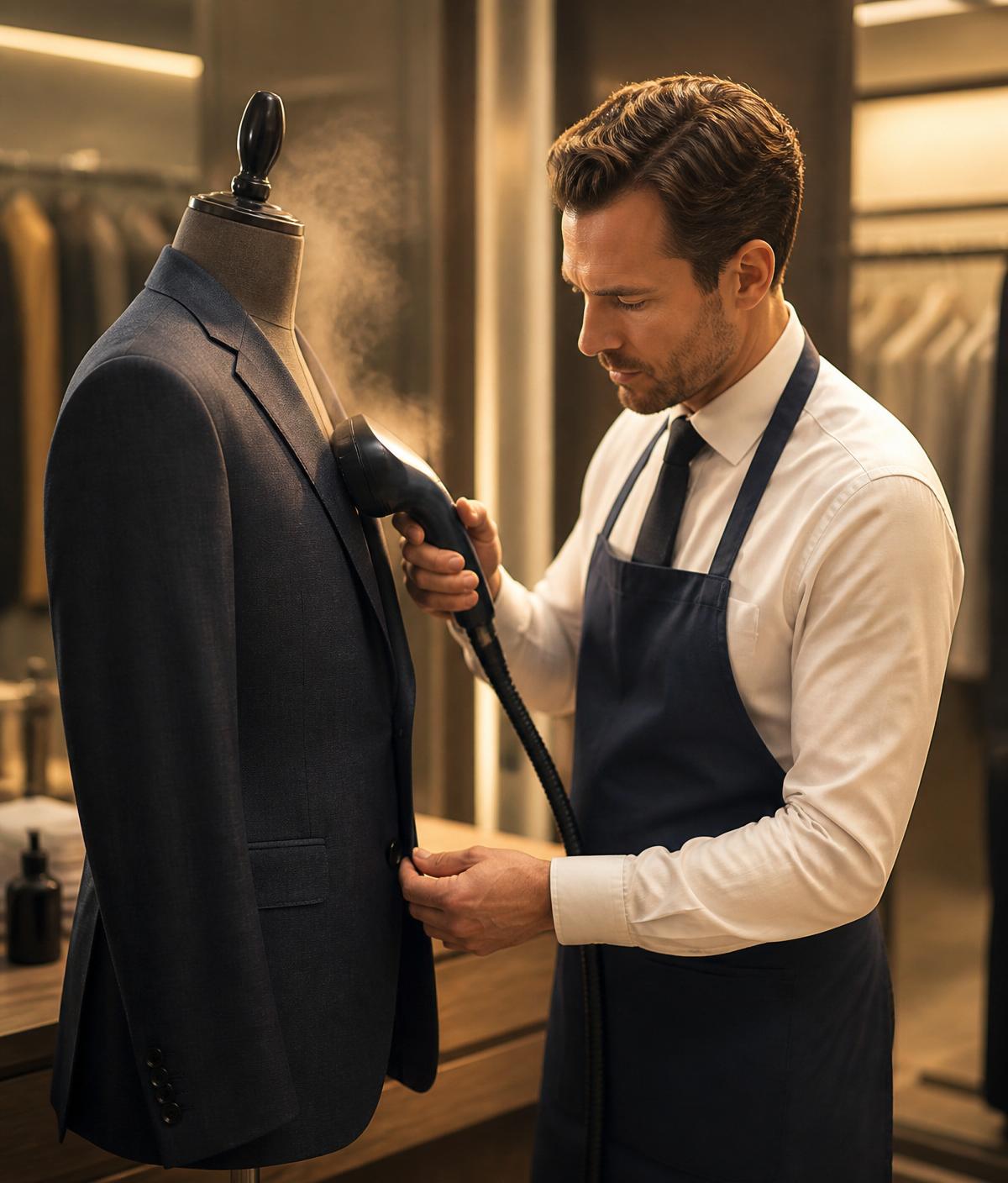 A garment care specialist steam pressing a tailored suit jacket