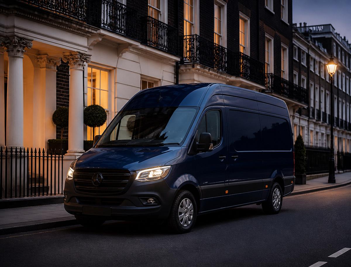 A navy collection and delivery van on a London street at dusk