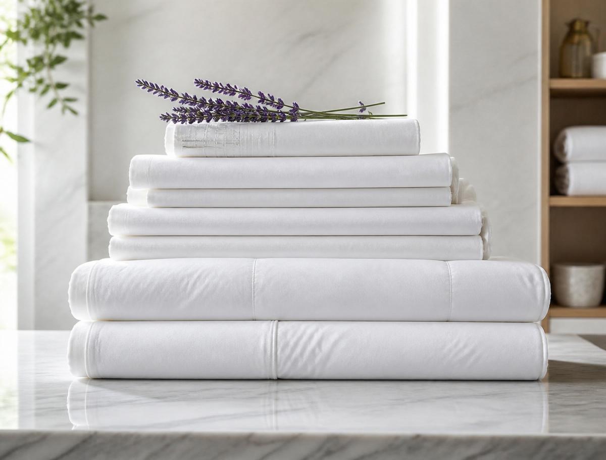 Neatly folded white household linens on a marble counter